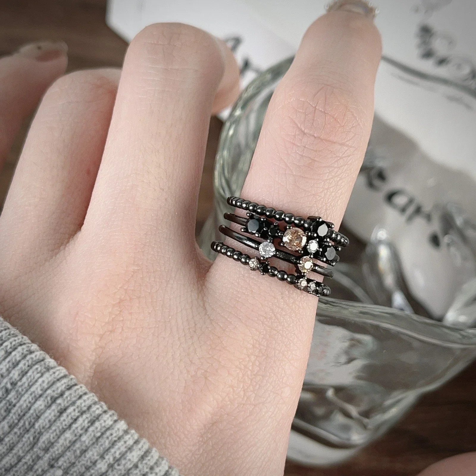4pcs Starry Night Stackable Crystal Ring Set,Gothic Statement Jewelry for Women
