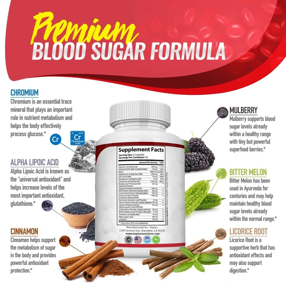 BLOOD SUGAR BLEND SUPPORT Alpha Lipoic Acid Cinnamon 20 Herbs Complex 60 Capsule